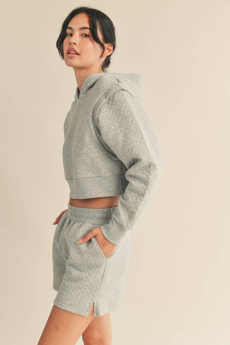 Grey Quilted Crop Hoodie