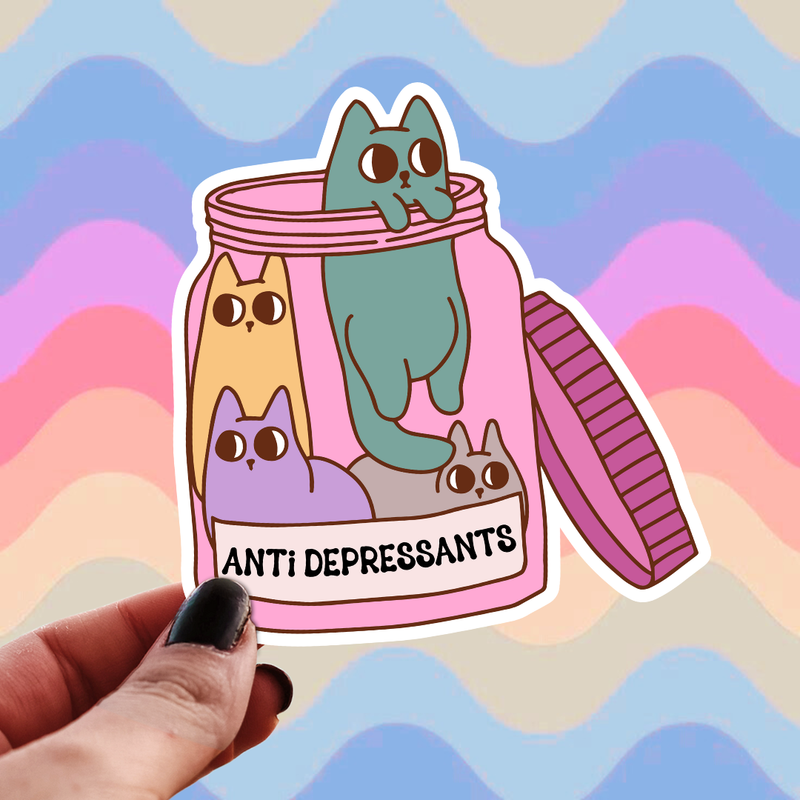 Cat Antidepressants Sticker - Cute Jar of Cats Mental Health
