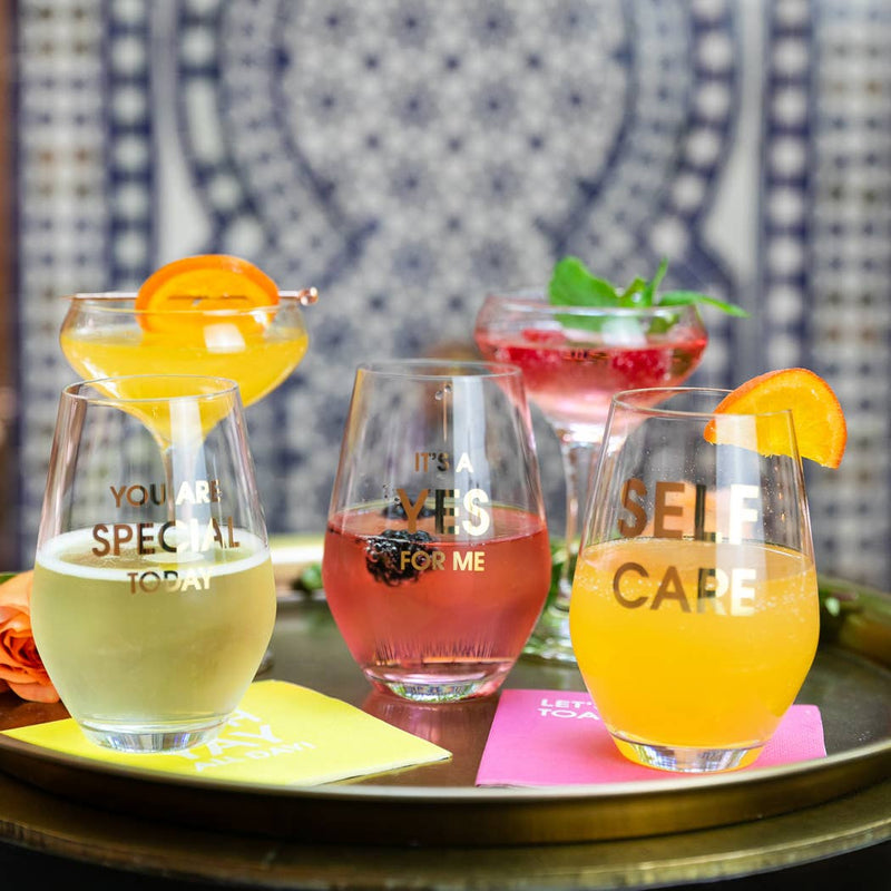 Self Care Wine Glass - Gold Foil Stemless Wine Glass