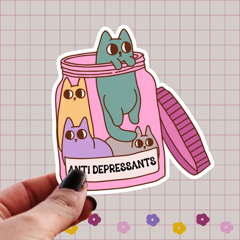 Cat Antidepressants Sticker - Cute Jar of Cats Mental Health