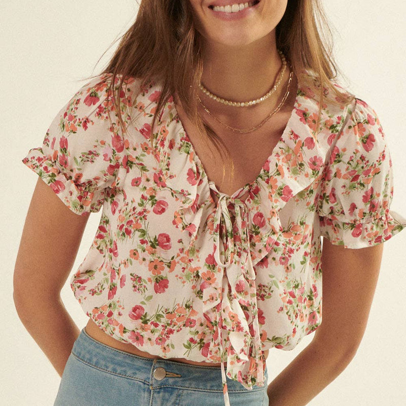 Coral Ruffle Chiffon Crop Top