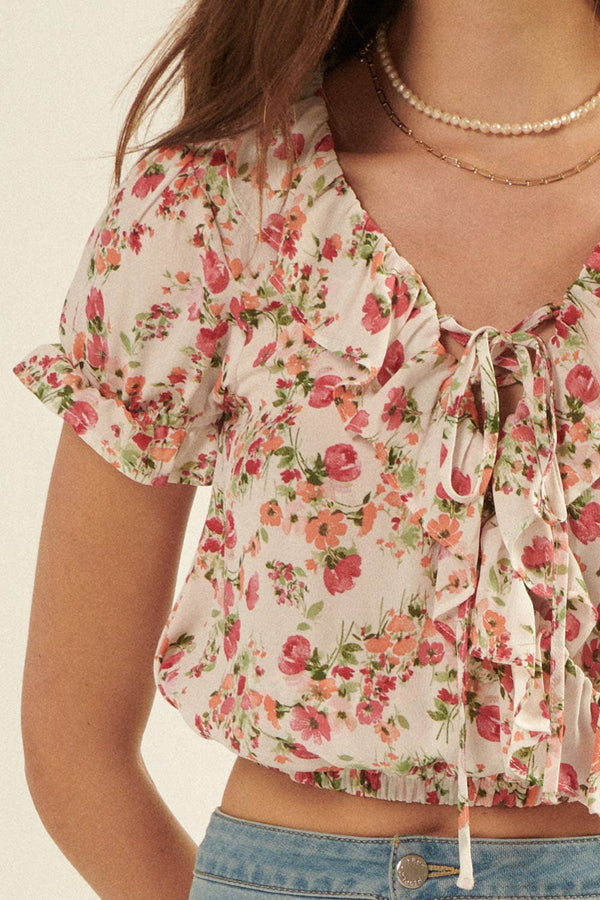 Coral Ruffle Chiffon Crop Top