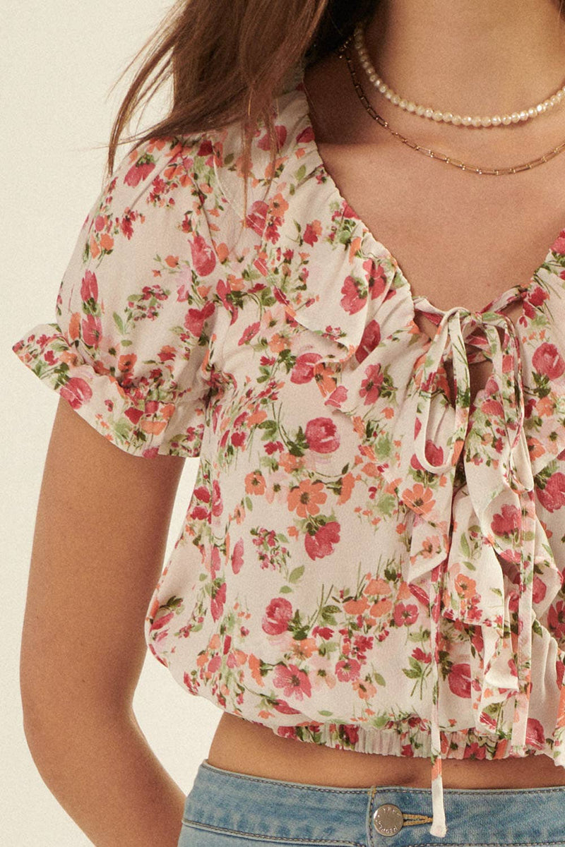 Coral Ruffle Chiffon Crop Top