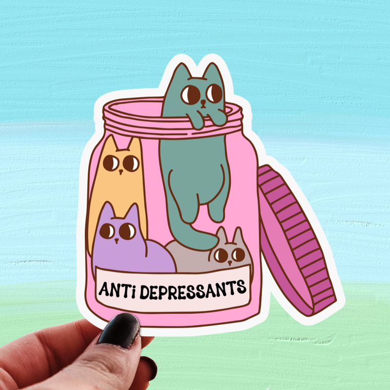 Cat Antidepressants Sticker - Cute Jar of Cats Mental Health