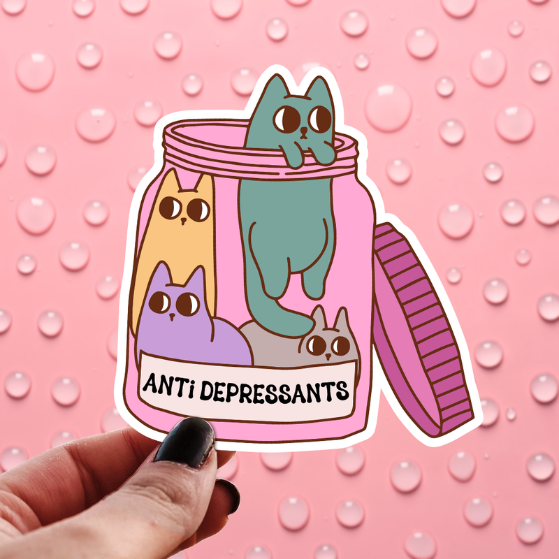 Cat Antidepressants Sticker - Cute Jar of Cats Mental Health