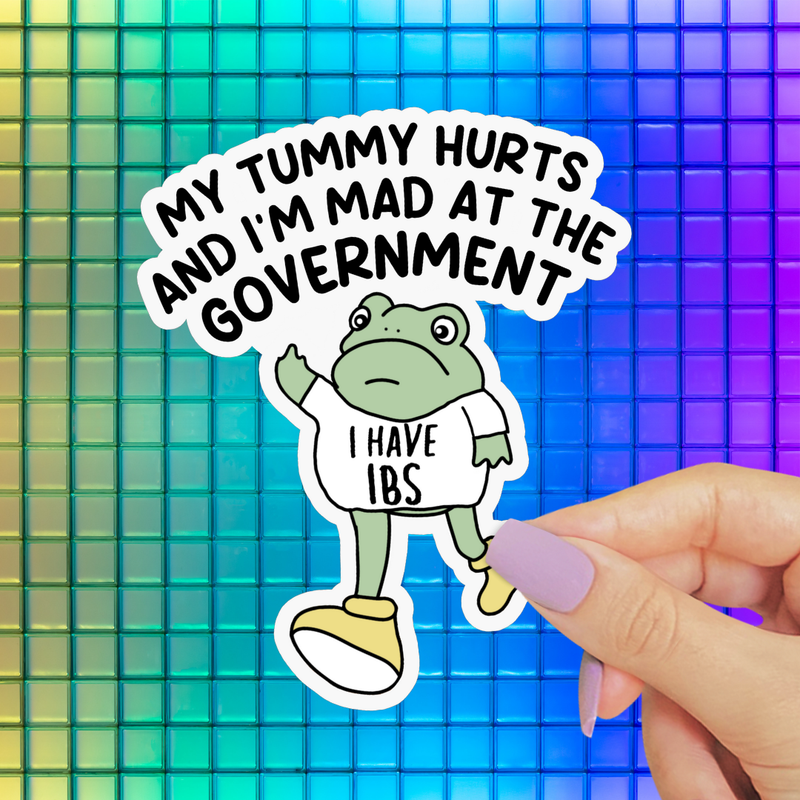 Tummy Hurts & Mad at Government Frog Sticker, Funny Gen Z
