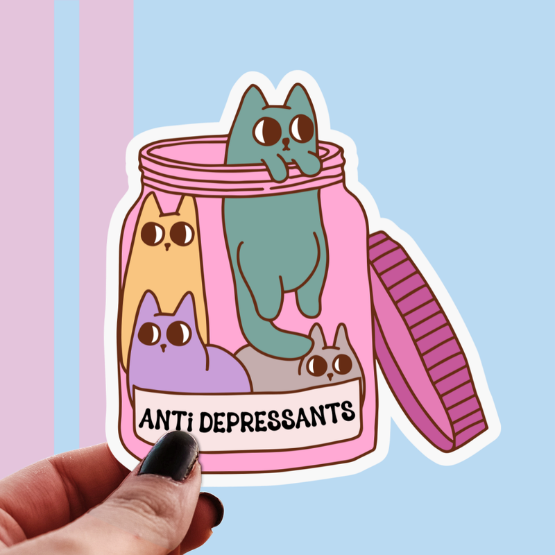 Cat Antidepressants Sticker - Cute Jar of Cats Mental Health